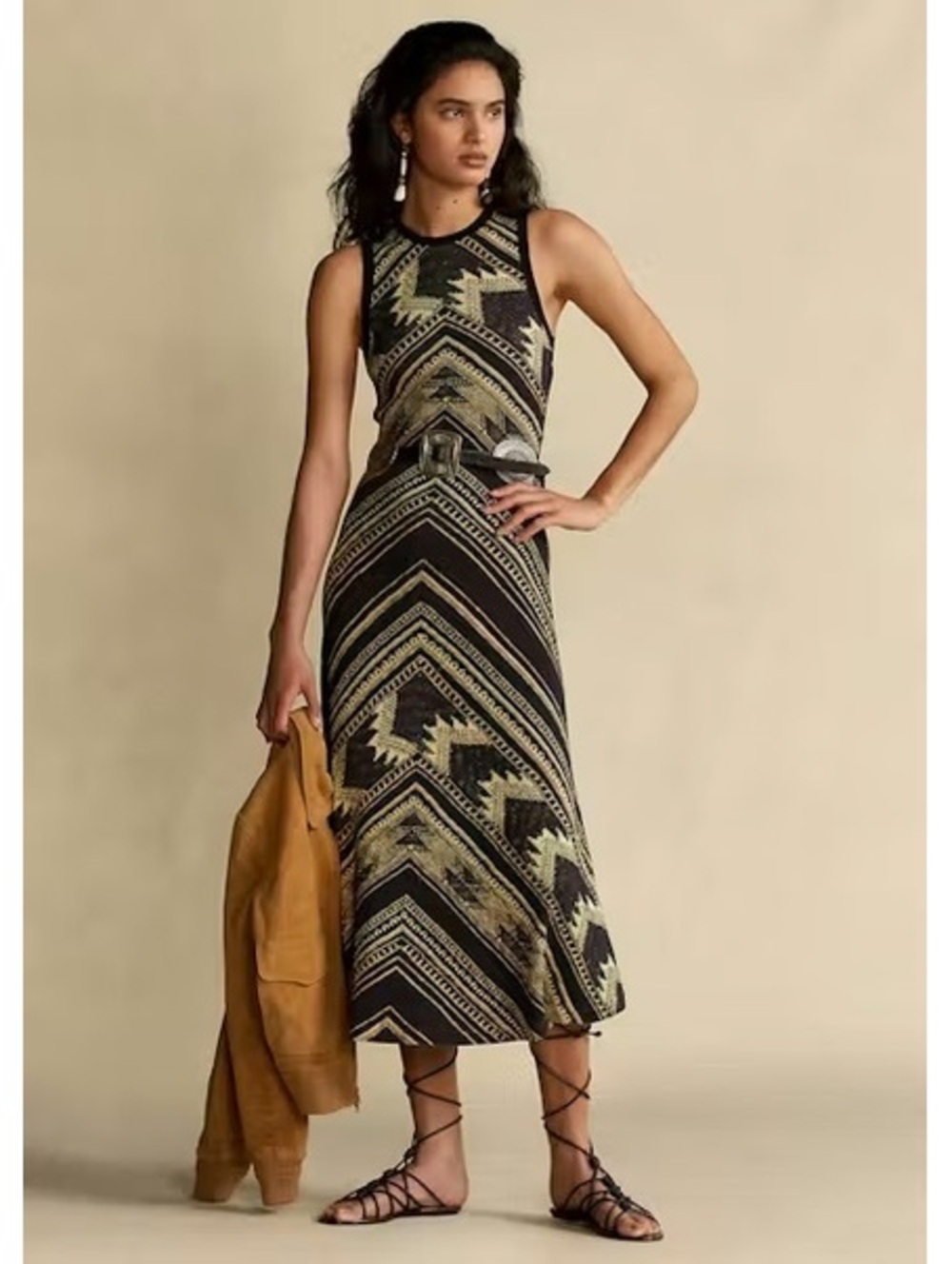 Polo Ralph Lauren Southwestern Sleeveless Henley Maxi Dress Black Gold XL NWT